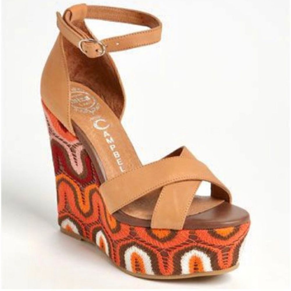 JEFFREY CAMPBELL BRADSHAW NUDE BOHO  CHEVRON WOMEN'S WEDGE SANDAL 70s Size 8